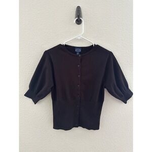 Scoop Cardigan Sweater Womens Small Black Puff Sleeve Button Front Office Siren
